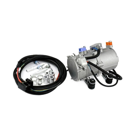 Direct Wire Electric AC Compressor Beats Sweltering Road Heat All Day Long With Simple Plug And Play Climate Control For Trucks Campers And Heavy Duty Rigs, featuring aluminum casing and wiring harness.