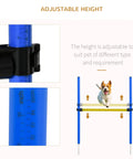 Dog jumping over adjustable high jump from 4 Piece Dope Dog Agility Training Course Kit For Backyard Setup And Competition Ready With Adjustable High Jump Weave Poles Pause Box Round Tunnel Stakes And Rope In Blue And Yellow
