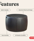 Versatile 37 Gallon Outdoor Deck Box That Doubles As An Ottoman Chair Or Side Table Brown Round Resin Storage Bench with wood look