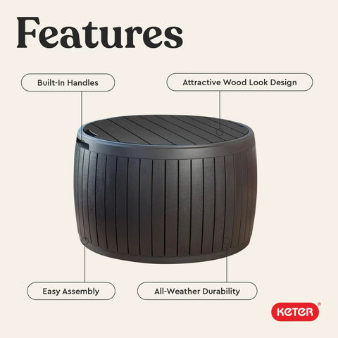 Versatile 37 Gallon Outdoor Deck Box That Doubles As An Ottoman Chair Or Side Table Brown Round Resin Storage Bench with wood look
