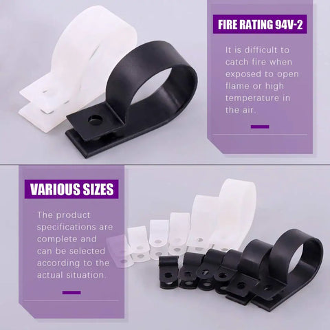 R Type Nylon Cable Clip Kit 135 Pack Six Size Assortment with Screws in white and black, shown in various sizes with fire rating 94V-2.