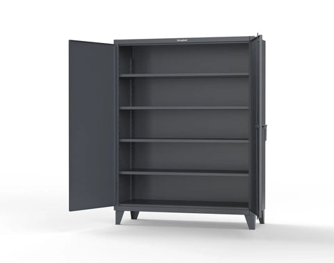 Heavy Duty Industrial Storage Cabinet, 60 Inch Wide By 24 Inch Deep By 78 Tall, 12 Gauge Steel, Dark Gray open with four shelves.