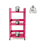 Rolling 3 Tier Metal Storage Organizer With Soft Pink Finish And Adjustable Foot Pads For Squishy Spaces Featuring Pop Off Guard Panels To Knock Kitchen Laundry And Garage Jumble Down Easy For Stress Free Home Upkeep Anywhere You Park It with kettlebells.