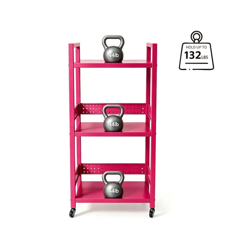 Rolling 3 Tier Metal Storage Organizer With Soft Pink Finish And Adjustable Foot Pads For Squishy Spaces Featuring Pop Off Guard Panels To Knock Kitchen Laundry And Garage Jumble Down Easy For Stress Free Home Upkeep Anywhere You Park It with kettlebells.