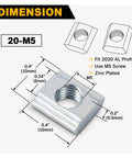 Heavy Duty Galvanized T Slide Nuts For Aluminum Extrusion Profiles Fits 20 Series Sliding Fastener With M3 M4 M5 Threads showing dimensions of M5 nut.