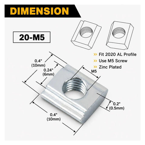 Heavy Duty Galvanized T Slide Nuts For Aluminum Extrusion Profiles Fits 20 Series Sliding Fastener With M3 M4 M5 Threads showing dimensions of M5 nut.