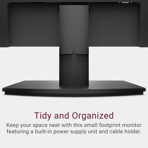 Back view of 27 Inch Full HD Monitor With 100Hz Refresh For Ultra Smooth Motion, IPS Panel Delivers Crisp Color And Wide Angles, Anti Glare Display, ComfortView Plus, HDMI and VGA Ports, TÜV Rheinland 3 Star Certified, Black, showing built-in power supply and cable holder.