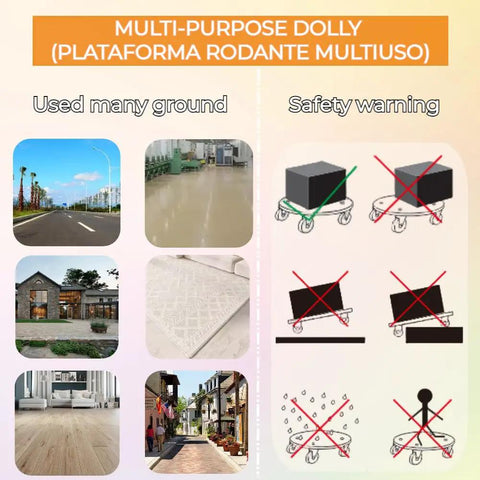 Multi-purpose dolly uses on various surfaces with safety warnings for Heavy Duty 15 Inch Round Wood Platform Dolly Cart Set.