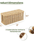 Handmade Rattan Cable Management Box With Two Open Slots For Power Strips Routers And USB Hubs Cord Hider For Clean Minimalist Home Office Setup Natural Finish Patent Protected Design 13 By 5 By 5 Inches dimensions shown.