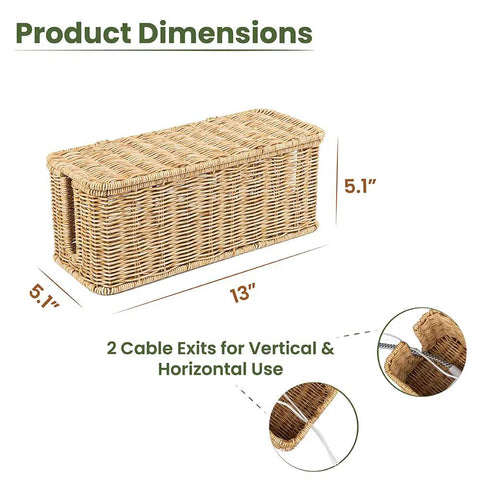 Handmade Rattan Cable Management Box With Two Open Slots For Power Strips Routers And USB Hubs Cord Hider For Clean Minimalist Home Office Setup Natural Finish Patent Protected Design 13 By 5 By 5 Inches dimensions shown.