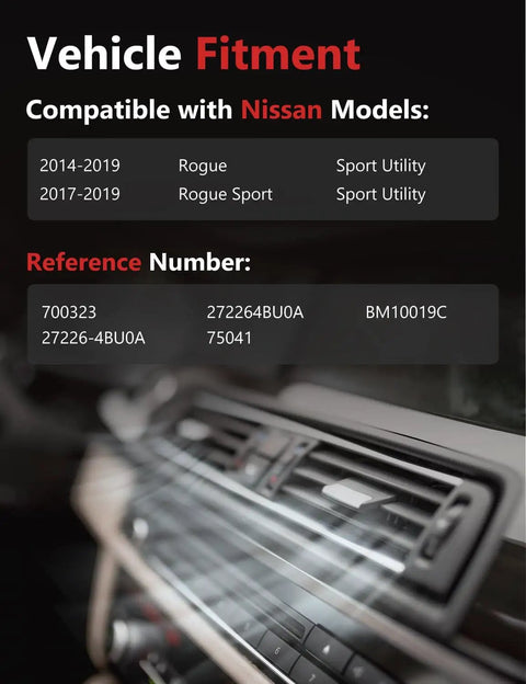 Vehicle fitment details for AC Heater Blower Motor Front Side For Nissan Rogue 2014 2019 And Rogue Sport 2017 2019 with reference numbers.