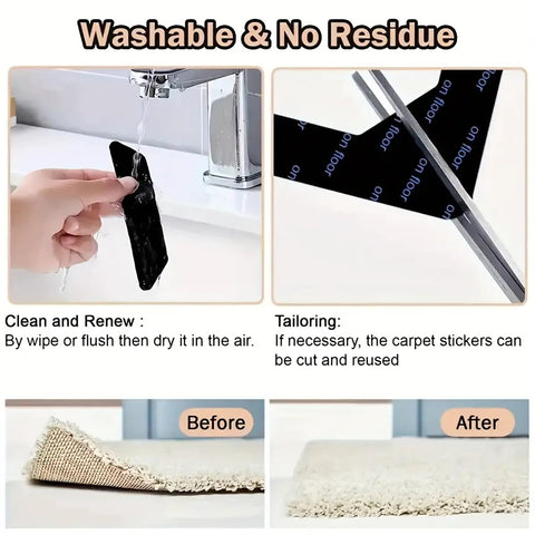 Non Slip Rug Tape Grippers 8 Pack 16 Pack Reusable Washable Carpet Tape demonstration on hardwood and rug before after use
