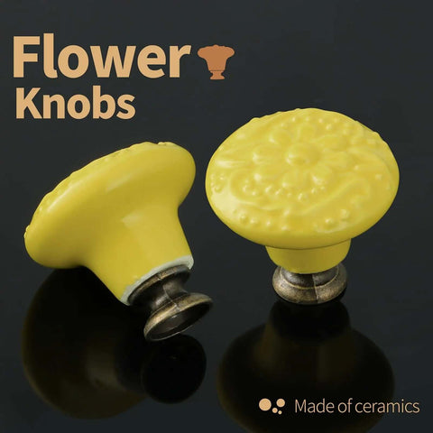 These Dang Charming Vintage Ceramic Cabinet Knobs Show Off A Sweet Embossed Floral Motif, 10 Pack Of Buttercup Yellow Drawer Handles For Kitchen Cupboards And Vanity Cabinets Easy Bolt On Upgrade, side view of yellow ceramic knobs.