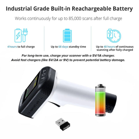 Portable Bluetooth 1D And 2D Barcode Scanner With LCD Display And Stand shown with battery and USB adapter, cordless for inventory.