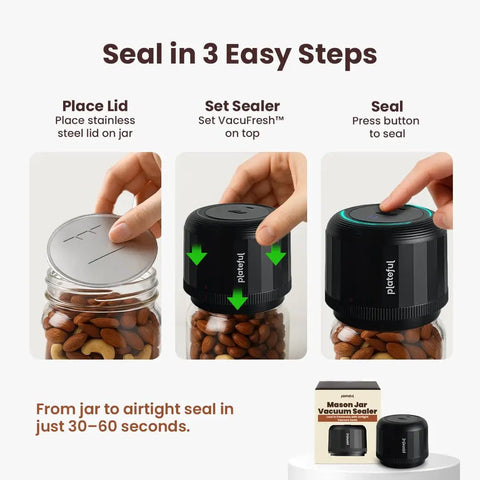 Steps to use VacuFresh Electric Mason Jar Vacuum Sealer Kit for Wide Mouth and Regular Mouth Jars Cordless Portable Food Storage