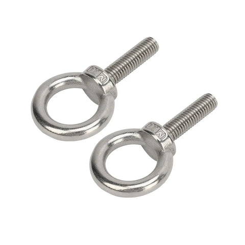 Beefy Stainless Steel Eye Bolts Set For RV And Boat, Heavy Duty Hanger Kit With Washer And Nylon Nut, Easy To Use Lifting Or Hanging Hardware, M10 Size, Ideal For Construction, Vehicles, And Marine Gear. Two stainless steel M10 eye bolts