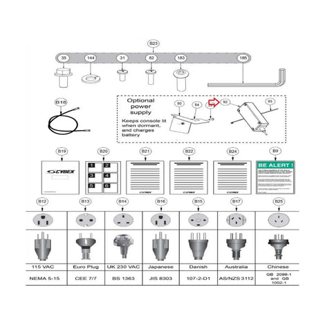 Diagram of Power Supply Adaptor TR-22382 Replacement Part, showing various international plug types for cardio equipment.
