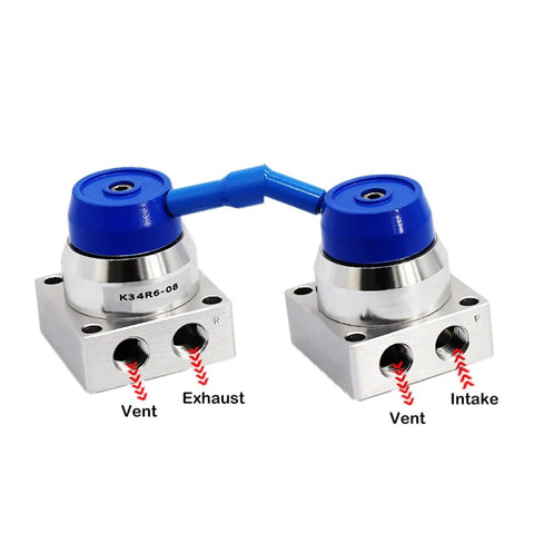 Super Cool 1/4 Inch Pneumatic Hand Valve Thread K34R6 Series Manual Control showing vent, exhaust, and intake ports.