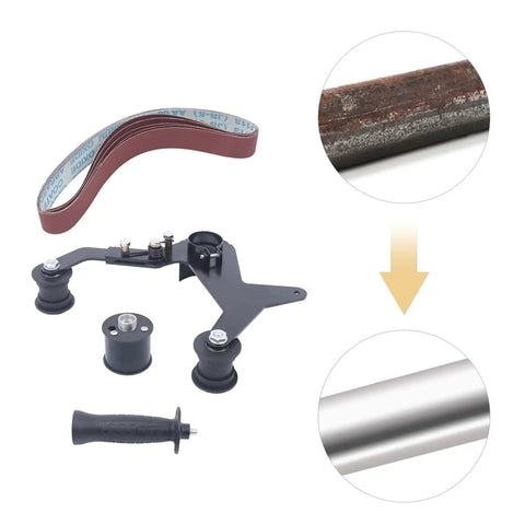 Premium Belt Sander Attachment For Angle Grinders Featuring Portable Pipe Polisher Grip Handle with sanding belt and components.