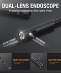 Dual Lens Borescope Inspection Camera With 1080P Waterproof Flexible Cable showing front and side lens features
