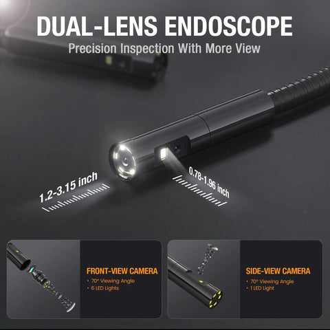 Dual Lens Borescope Inspection Camera With 1080P Waterproof Flexible Cable showing front and side lens features