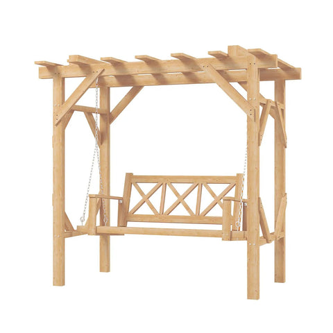 Cedar Wood Outdoor Pergola Swing Bench With Stand And Canopy Three Seat Patio Hammock Swing Set With Durable Metal Chains