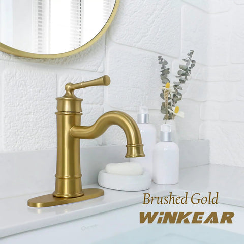 Brushed Gold Bathroom Sink Faucet With Single Hole Deck Mount, Pop Up Drain, Overflow, Deck Plate, And Included Water Supply Lines