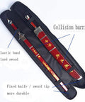 Dual Zip Sword Bag For Dao Jian Sticks, Martial Arts Kendo Kung Fu Case open with elastic bands securing swords inside.