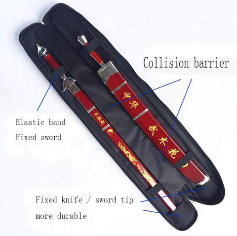 Dual Zip Sword Bag For Dao Jian Sticks, Martial Arts Kendo Kung Fu Case open with elastic bands securing swords inside.