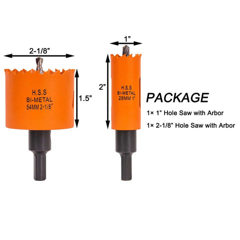 VIKITON door lock hole saw kit, orange H.S.S. bi-metal saws in 1 in and 2-1/8 in with arbors