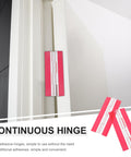 Two Pack Acrylic Self-Adhesive Flush Cabinet Hinges 100x42mm Clear Transparent attached to a white door for easy installation.