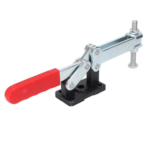 Heavy Duty Toggle Clamp With Quick Release For Metal Plates And Circuit Boards, features a red handle and sturdy metal design.