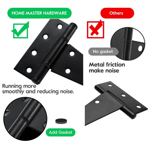 Comparison of 8 Inch T Strap Heavy Duty Shed Door Hinges Black Tee Hinge with and without gasket for smooth operation