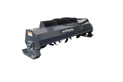 Beefy 72 Inch Rotary Tiller For Skid Steer Hydraulic Attachments Cultivator, side view of heavy duty soil prep tool with 36 blades.