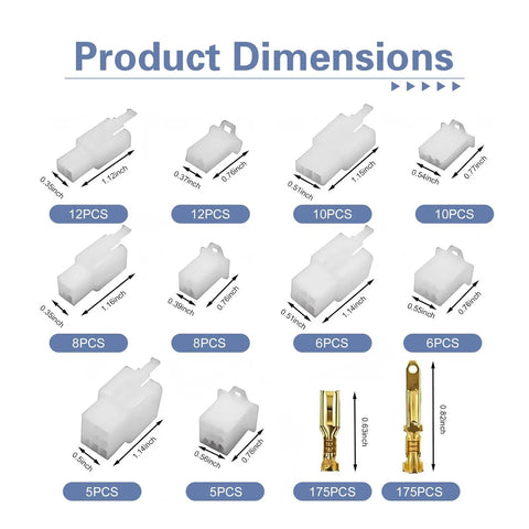 Product dimensions for 432 Piece Automotive Electrical Wire Connector Kit With 2.8mm Terminals Includes Male And Female Socket Plugs Housing Terminals Universal Wire Terminals Perfect For Cars Trucks And DIY Wiring Harness Projects For Most Vehicles shown with connectors and metal pins.