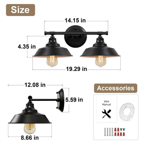 Dimensions and accessories of Farmhouse Bathroom Vanity Light 20 Inch Black 2 Light Over Mirror Fixture With Rustic Metal Shades