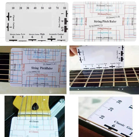 Guitar Repair Kit For Pros And Hobbyists With Pro Grade String Action Ruler Gauge Measuring Tools displayed near guitar strings