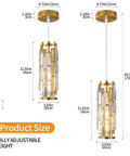 Gold Pendant Lights Set of 2 Dope Crystal Mini Chandelier with adjustable height, showing dimensions and crystal accents.