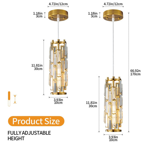 Gold Pendant Lights Set of 2 Dope Crystal Mini Chandelier with adjustable height, showing dimensions and crystal accents.
