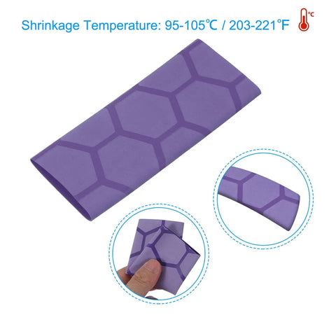 No Sweat Knife Handle Heat Shrink Sleeves 4 Pack Solid Kitchen Cutter Wrap in purple with hive pattern and heat shrink information.