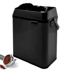 Top Shelf Electric 58mm Portafilter Cleaner With Built In Knock Box And Spill Tray, heavy duty matte black waste container with espresso handle.
