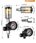 Diagram of Inline Air Compressor Water And Oil Separator Filter With Pressure Gauge, 1/4 Inch Inlet, showing dimensions