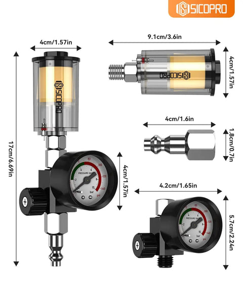 Diagram of Inline Air Compressor Water And Oil Separator Filter With Pressure Gauge, 1/4 Inch Inlet, showing dimensions