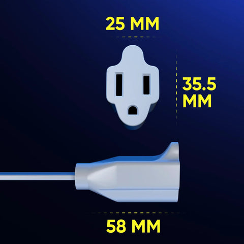 Dimensions of 360 Degree Rotating Flat Plug Extension Cord, 10 Feet, Under Carpet Friendly, Slim Space Saving Plug Design.