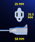 Flat Plug Extension Cord With 360 Degree Rotating Plug, 15 Foot Long, Low Profile Space Saving Power Cable For Under Carpets, 3 Prong, White, 16 AWG, 125V, 13A, Durable PVC Jacket with 25 mm and 58 mm dimensions