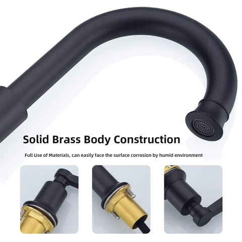 Matte Black Two Handle Bathroom Faucet Built to Last No Fuss, 8 Inch Widespread Lavatory Vanity Faucet, Brass Construction, 360 Degree Swivel Spout detail