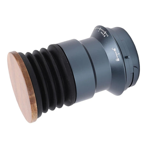 Crush Your Daily Brew Routine With This Straight Fire Manual Coffee Grinder Featuring A Rich Walnut Wood Lid And Nifty Silicone Bellow Blower For Zero Waste Single Dose Grinding At Home, showing gray aluminum and walnut wood design.