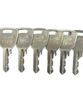 Six 4241A Ignition Keys With Loreto Logo In Silver Metal Replacement Key Set For Lifts And Elevating Platforms, Durable Cross-Hatch Head Keys, 6 Pack Included. Six silver TEKNIC 4241A ignition keys with cross-hatch heads