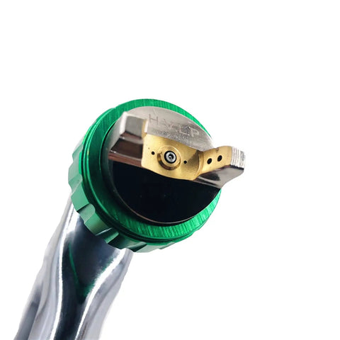 Pro Grade Mini Pneumatic HVLP Paint Spray Gun With 1.2mm Tip close-up of nozzle showing precision detail and shiny finish.