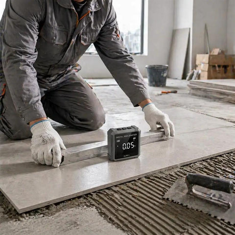 Straight Shooting Digital Angle Finder And Level With A Super Grippy Magnetic Base And Punchy Backlit Display For Woodworking Construction And Quick Home Repair Jobs in use during flooring installation.